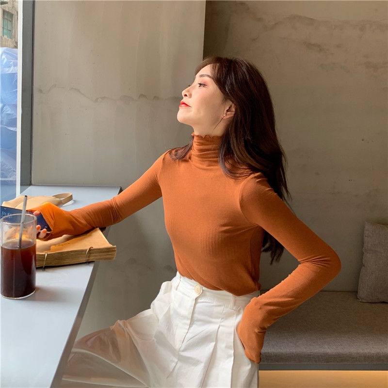 Áo Thun Nữ Tay Dài Cổ Cao Phối Ren Phong Cách Hàn Quốc