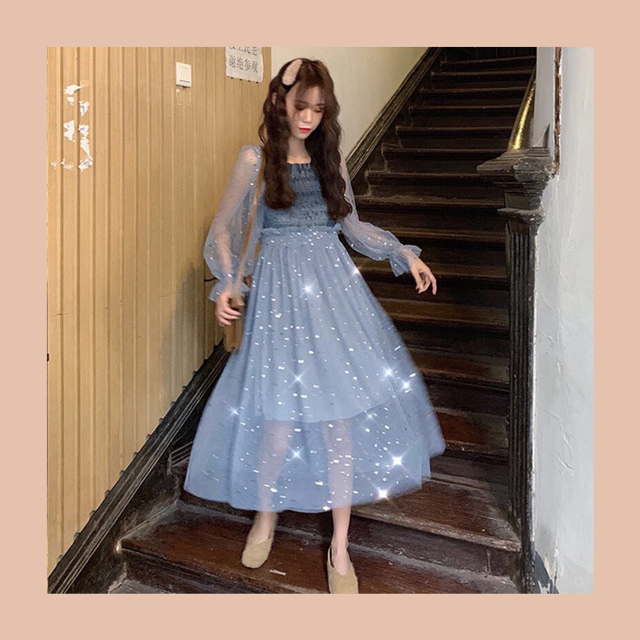 (SẴN) Váy công chúa dáng xòe 2 lớp tay dài lấp lánh BLINK BLINK phong cách dễ thương xinh xắn V00109