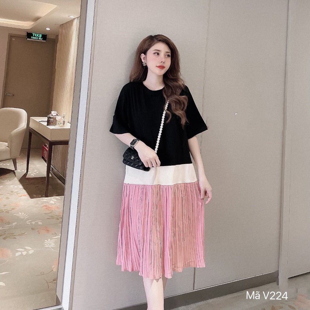 Váy thun suông phối màu, chất cotton, chân xếp ly, đầm xuông rộng freesize, đủ màu, mã V224 - Michi's House