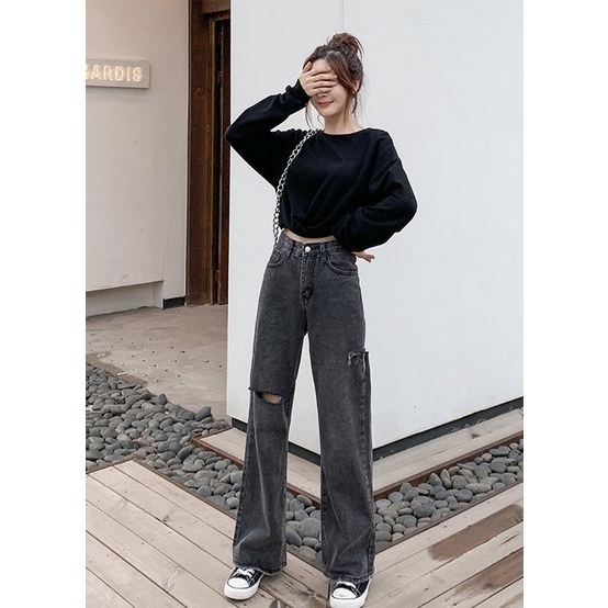 Quần jean bò ống rộng. quần jeans suông nữ cạp cao phong cách Hàn Quốc sành điệu style