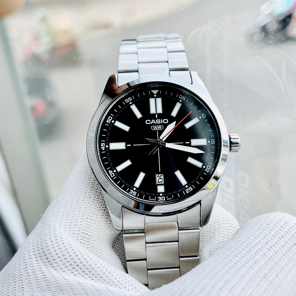Đồng hồ nam kim da quang Casio MTP VD02D-1E Dây thép mặt đen Size 41mm chống nước 5ATM Bảo hành 1 năm Hyma watch