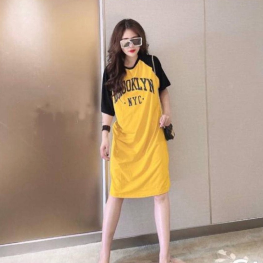 Đầm Dáng Suông Váy Dáng Dài Tay Lỡ Tay Phối Viền Đen Họa Tiết Chữ NYC Chất Thun Cotton Hàng VNXK - Wuyn Shop