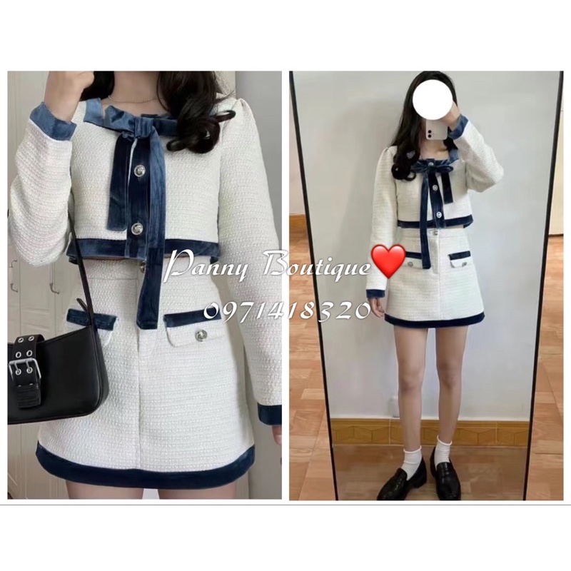Set tweed trắng croptop viền pha nhung+chân váy, style ulzzang Hàn Quốc🌻 Panny Boutique 🌻
