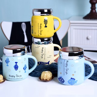 Ly sứ HAPPY GIỮ NHIỆT cao cấp CÓ NẮP và THÌA dung tích 380ml, họa tiết FISH, cốc sứ quà tặng thông điệp hiện đại ý nghĩa
