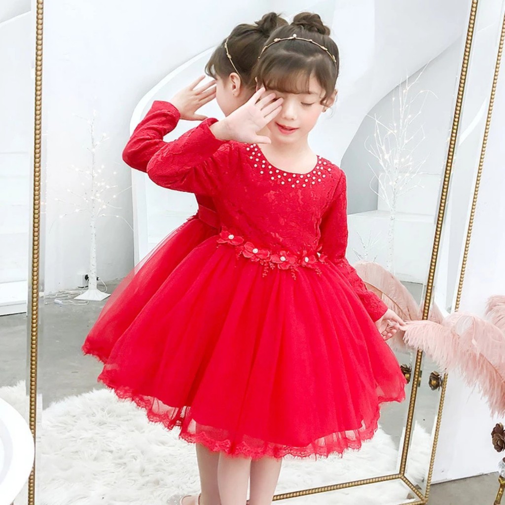 váy đầm công chúa bé gái đỏ tay dài