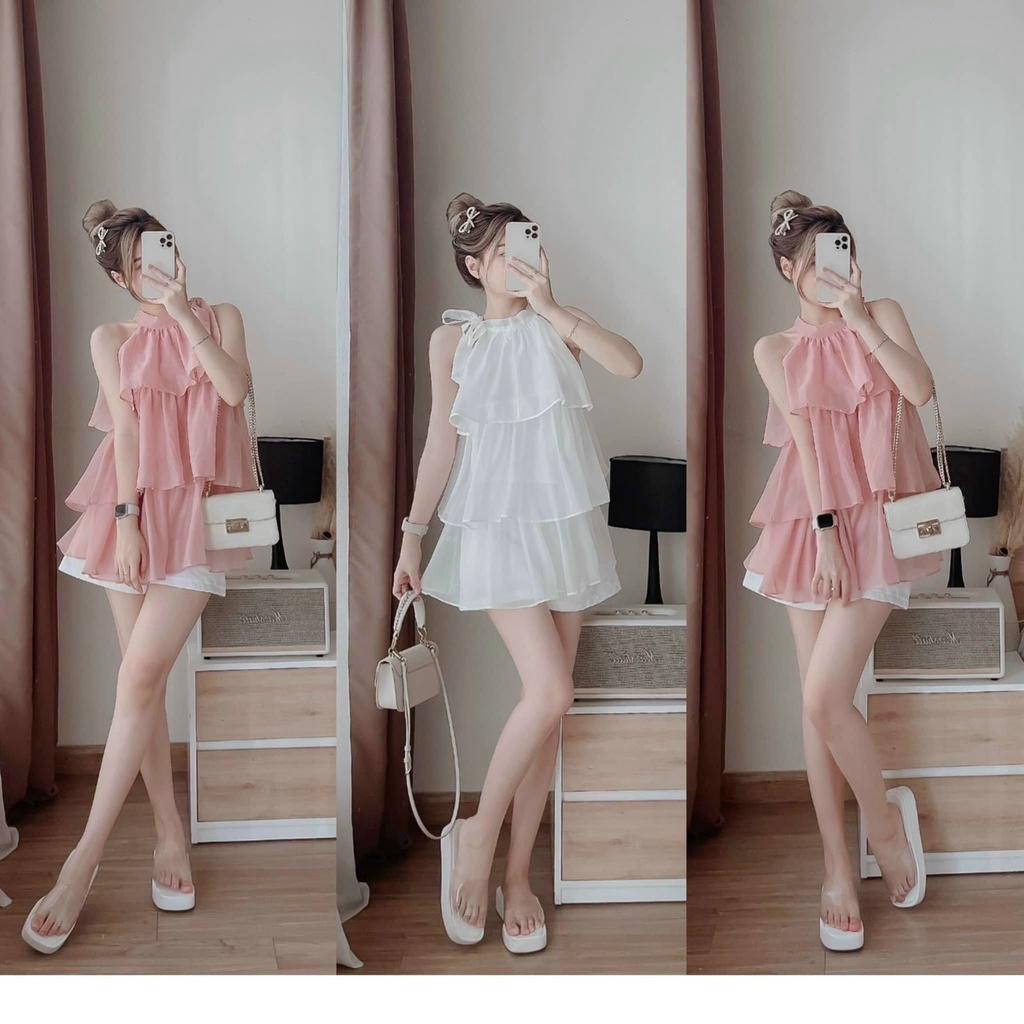 (Sale FreeShip) Sét bộ nữ thiết kế áo cổ yếm tầng from giấu quần chất tơ ướt cao cấp,trẻ trung,cá tính