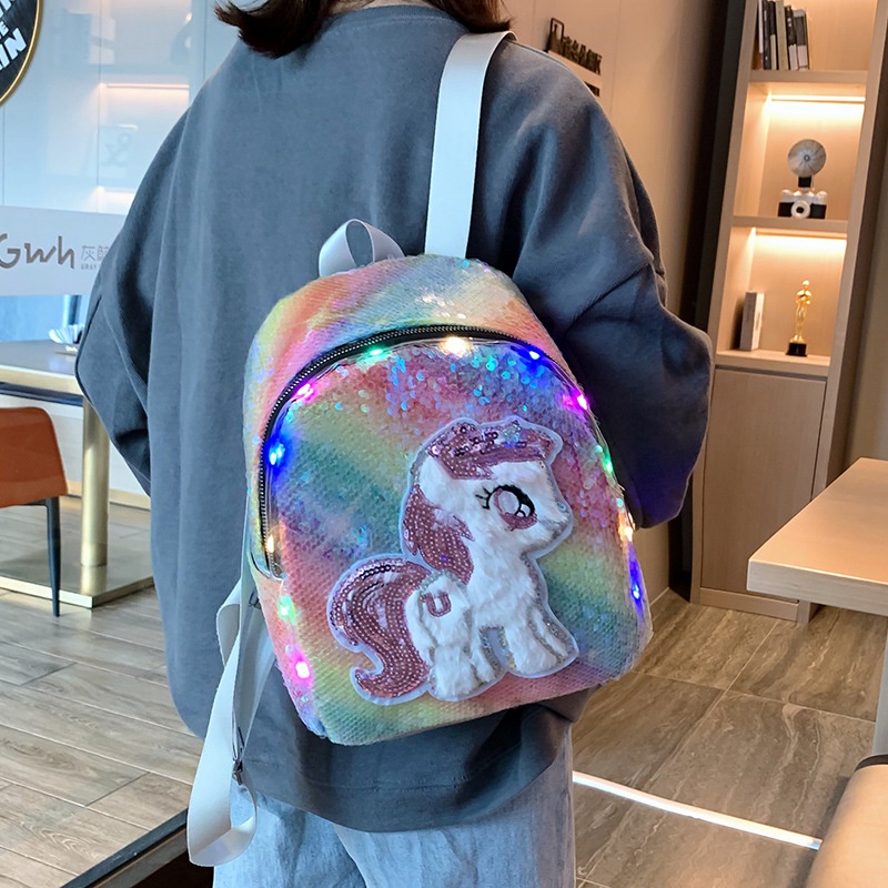 Balo bằng lông phối đèn lấp lánh hình kì lân dễ thương thời trang phù hợp cho trẻ em đi học