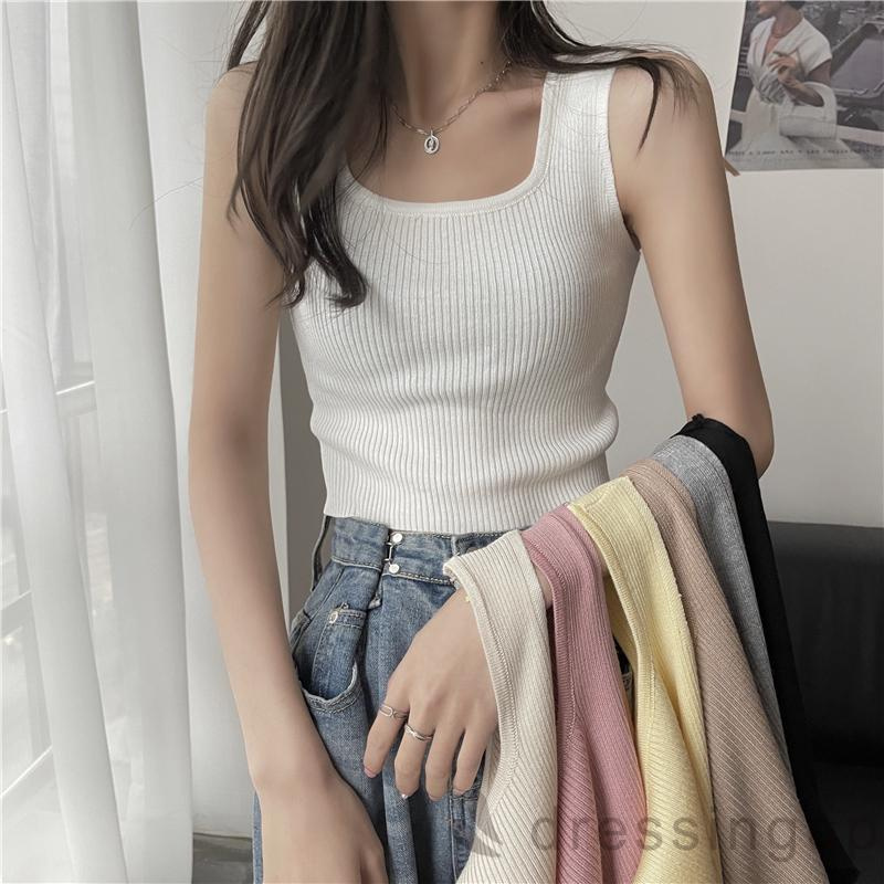 Áo croptop dệt kim không tay màu sắc tùy chọn đơn giản cho nữ