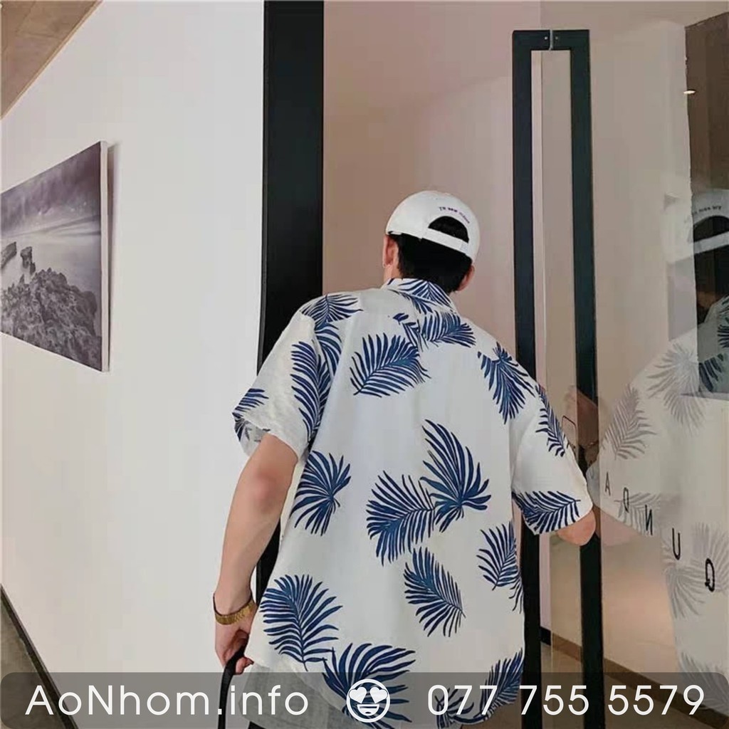 Áo sơ mi hoạ tiết đi biển cho nam nữ, Áo đi biển nhóm có bigsize ★ Lá cây xám,xanh, nền trắng 🌿 | BigBuy360 - bigbuy360.vn