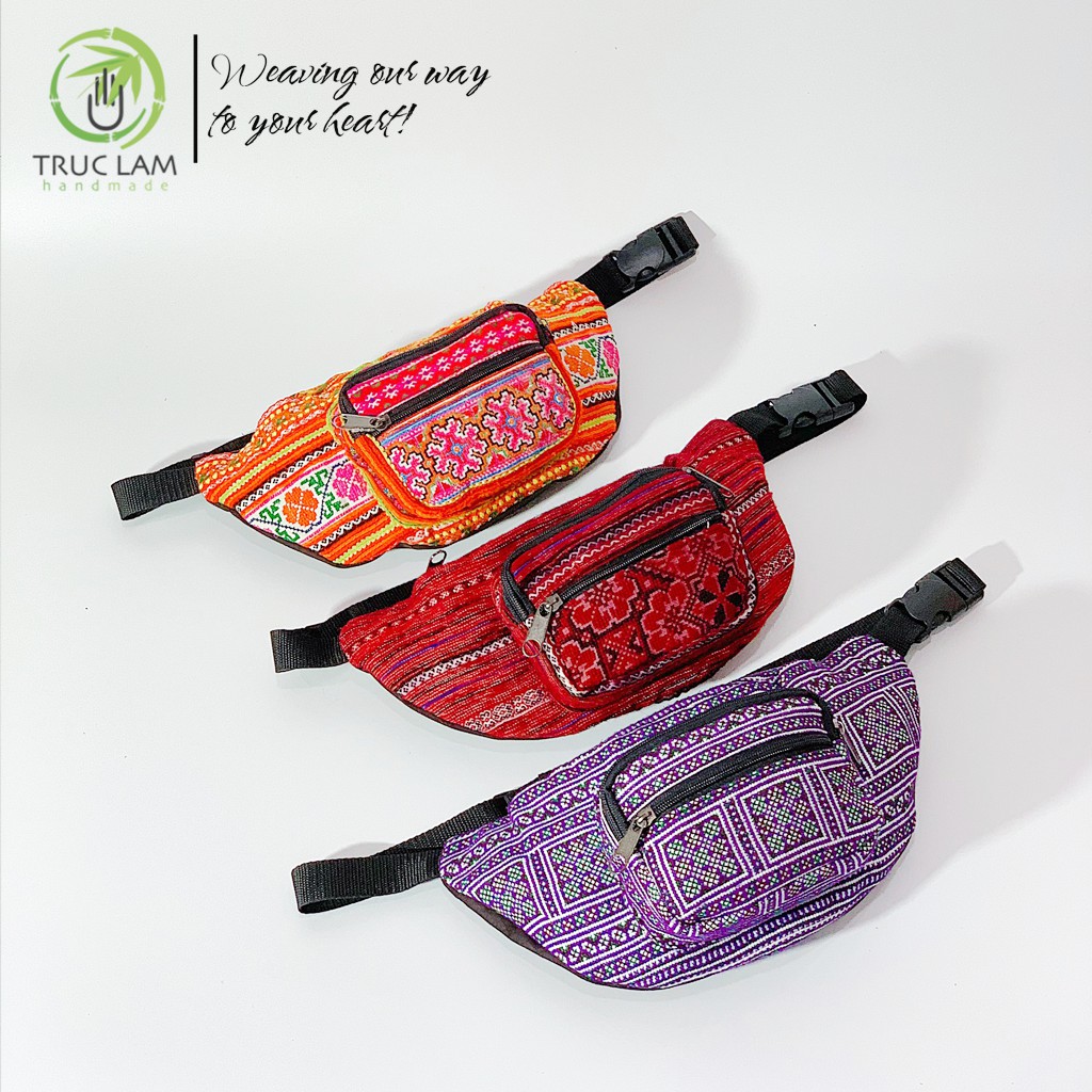 Túi Đeo Bụng Túi Bao Tử Vải Thổ Cẩm Phối Da Lộn Họa Tiết Dân Tộc Thêu Tay  - Trúc Lâm Handmade