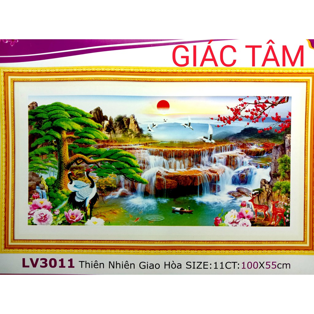 Tranh thêu THIÊN NHIÊN GIAO HÒA - 100x55cm - LV3011 - CẢNH NÚI THÁC NƯỚC CÁ GHE XUỒNG TÙNG ĐÁ HẠC NAI BÔNG HOA MẪU ĐƠN M