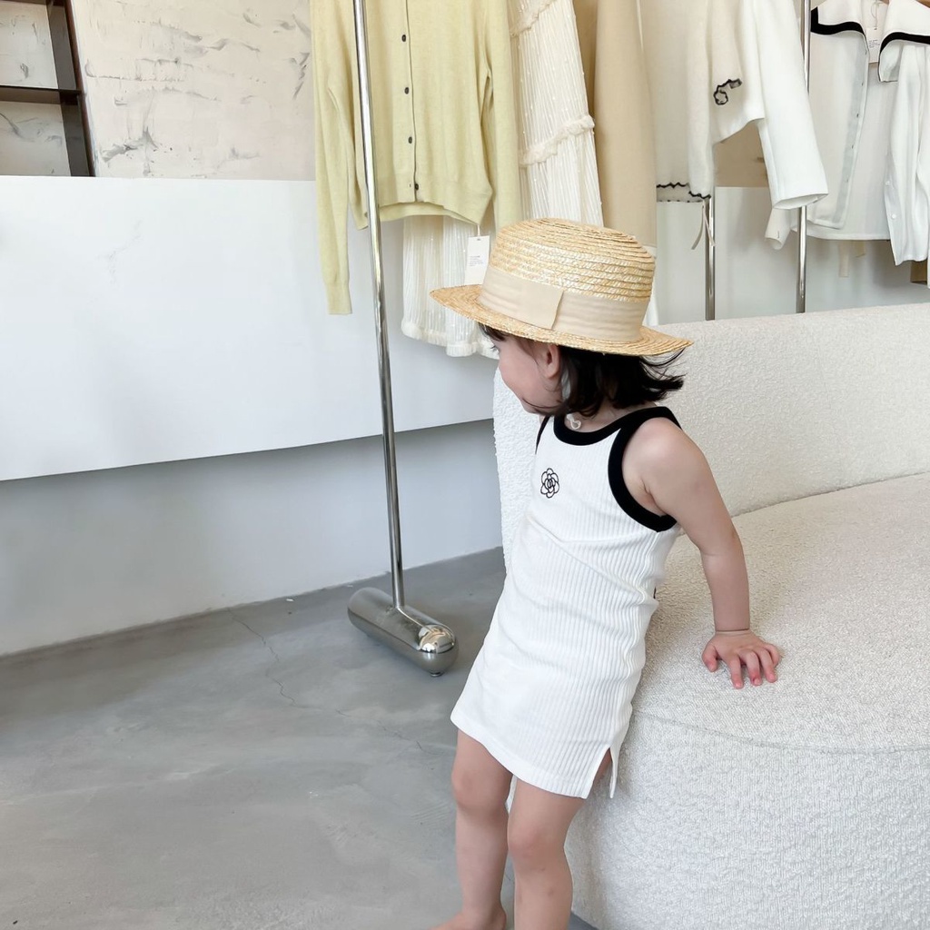 Đầm Hai Dây Mỏng Co Giãn Họa Tiết Hoa Trà Mùa Hè Đáng Yêu Cho Bé Gái