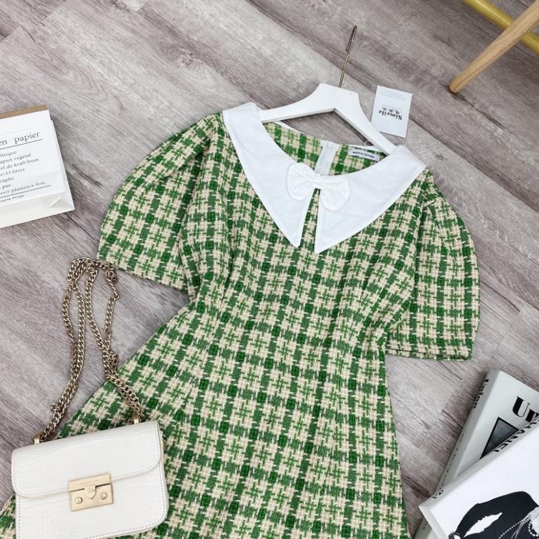 [ 𝐅𝐑𝐄𝐄 𝐒𝐇𝐈𝐏 ] VÁY DẠ KẺ XANH PHỐI CỔ PI TER NƠ NHỎ SIÊU XINH