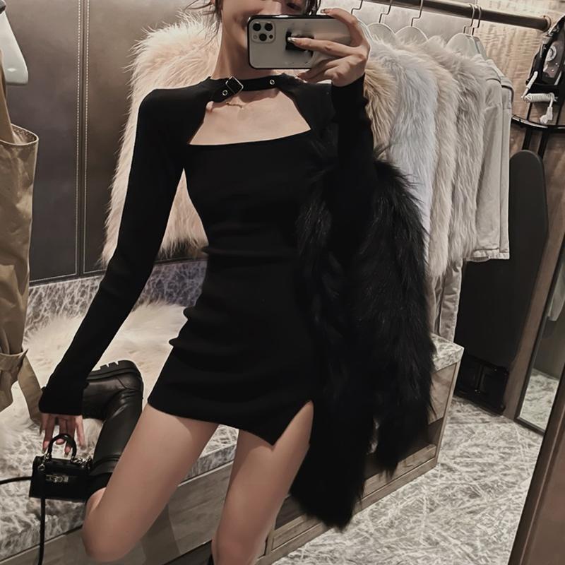 Đầm Ôm Dáng Tay Dài Khoét Lỗ Màu Đen Size XS-3XL Thời Trang Quyến Rũ Cho Nữ