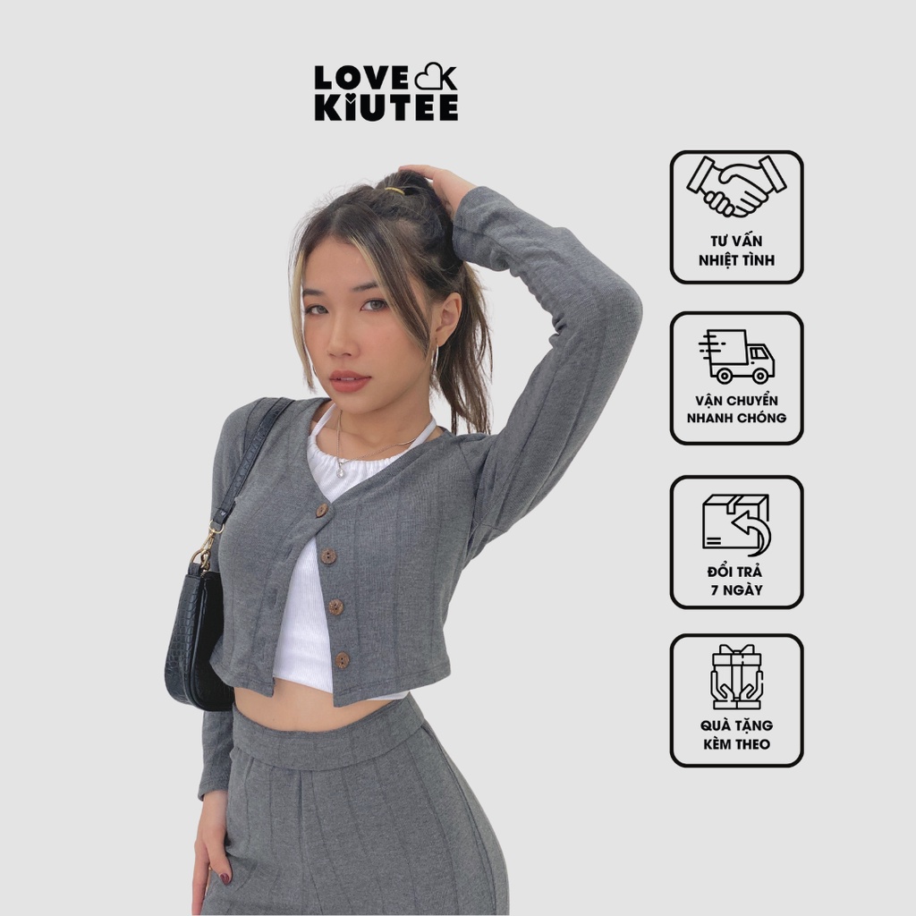 Áo ngắn tay dài nút gỗ Button Front Croptop vải co dãn LOVEKIUTEE