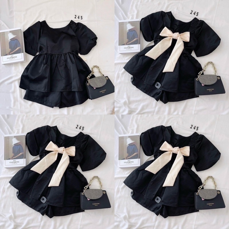 Sẵn  Set áo babydoll đen đỏ tay phồng nơ lưng với quần ngắn