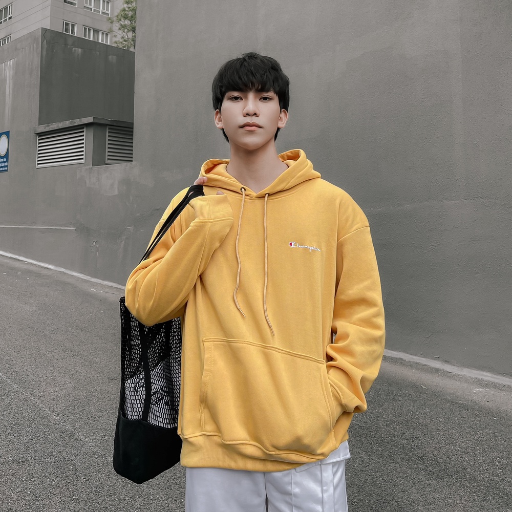 Áo Hoodie Thêu Logo Champion Sắc Nét Phía Trước-Chất Vải Nỉ Bông Cotton-Form Rộng Rãi Unisex Nam Nữ-Màu Vàng Cam