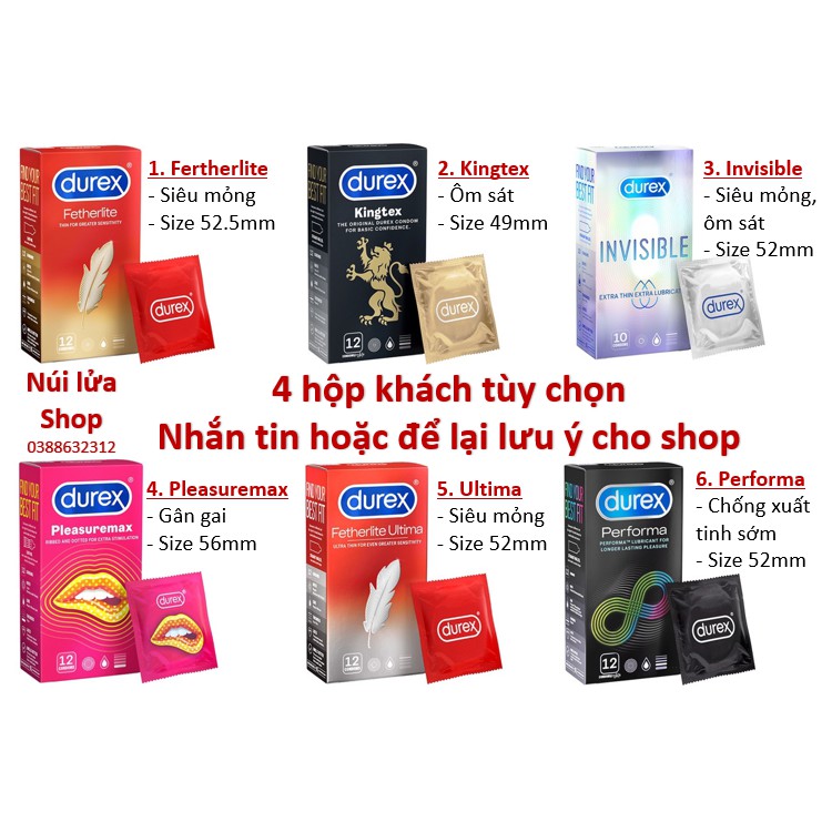 4 hộp Bao cao su Durex Tùy chọn Performa, Fertherlite, Invisible, Pleasuremax TẶNG 1 hộp Ok 3 cái