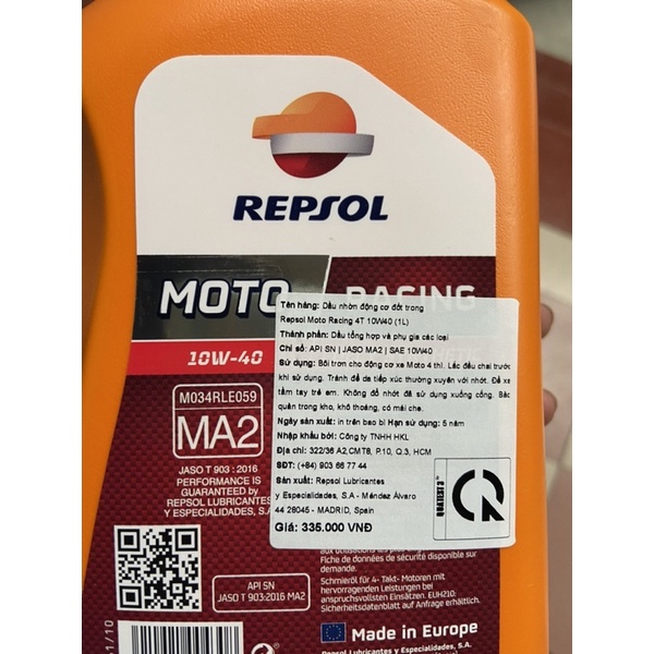 Dầu nhớt Repsol Racing 10w40 nhập khẩu chính hãng