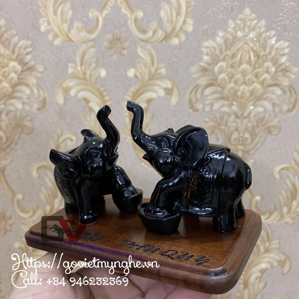 Set 2 tượng voi đá thỏi vàng trang trí quà tặng tân gia - Đế gỗ - Màu đen tuyền