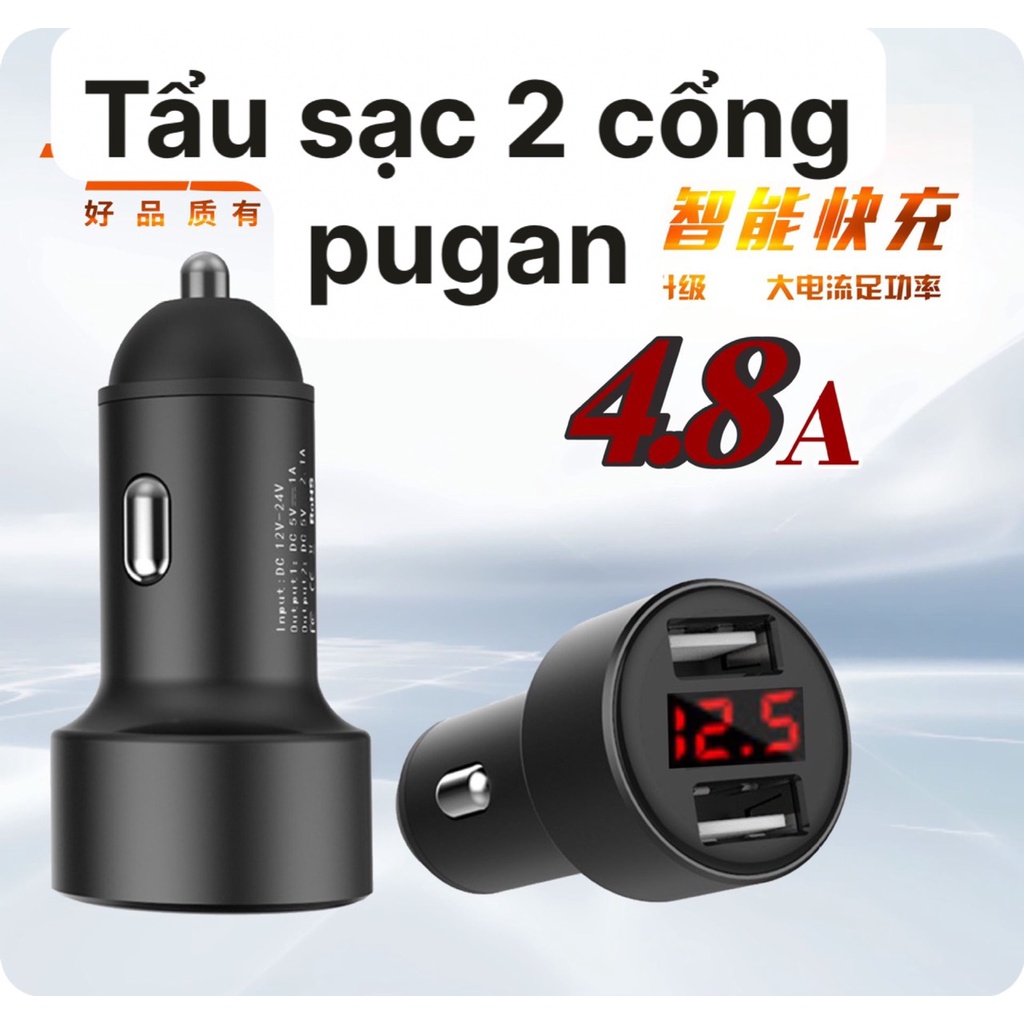 Tẩu Sạc Nhanh Pugan 10A và 4.8A 6A Kèm Dây Sạc 3 Đầu Cho Các Loại Điện Thoại Dùng Trên Ô Tô