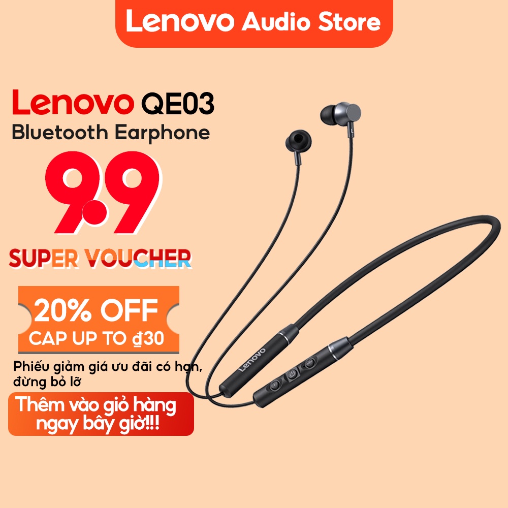 Tai nghe bluetooth không dây Lenovo QE03 có micro chất lượng cao tiện dụng khi tập thể thao kèm cáp/vỏ bọc