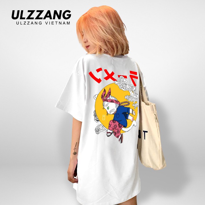 Áo thun tay lỡ ULZZANG cotton dáng unisex, áo form rộng in hình mèo bay | BigBuy360 - bigbuy360.vn