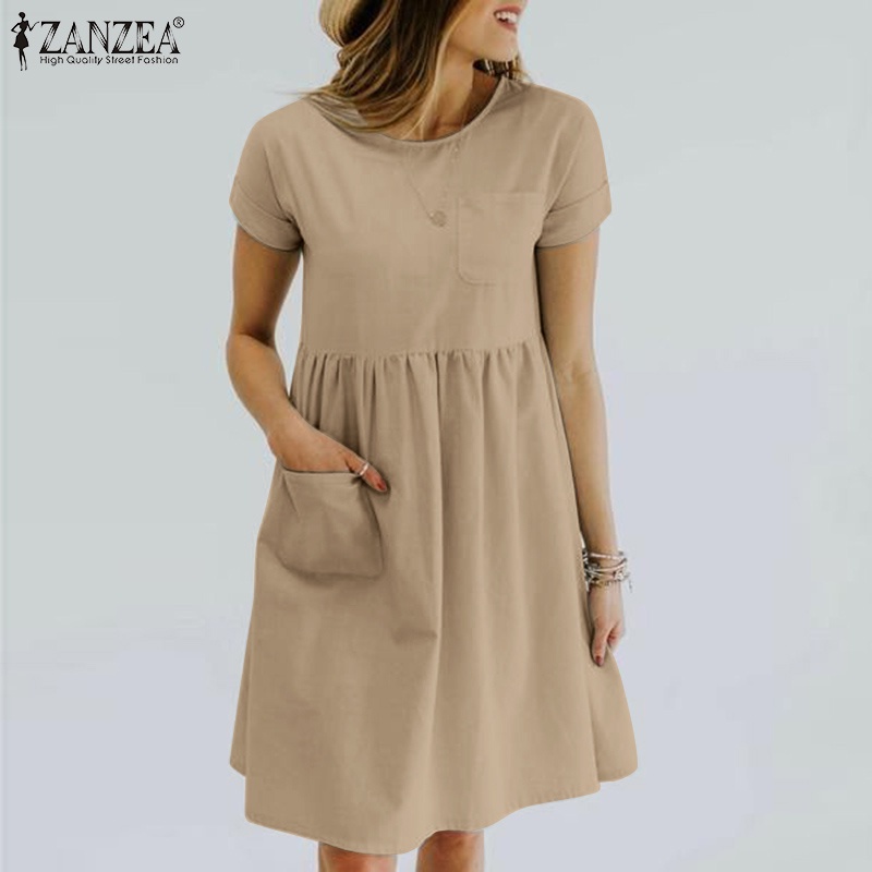 Đầm ZANZEA tay ngắn cổ tròn màu trơn dáng rộng thời trang cho nữ