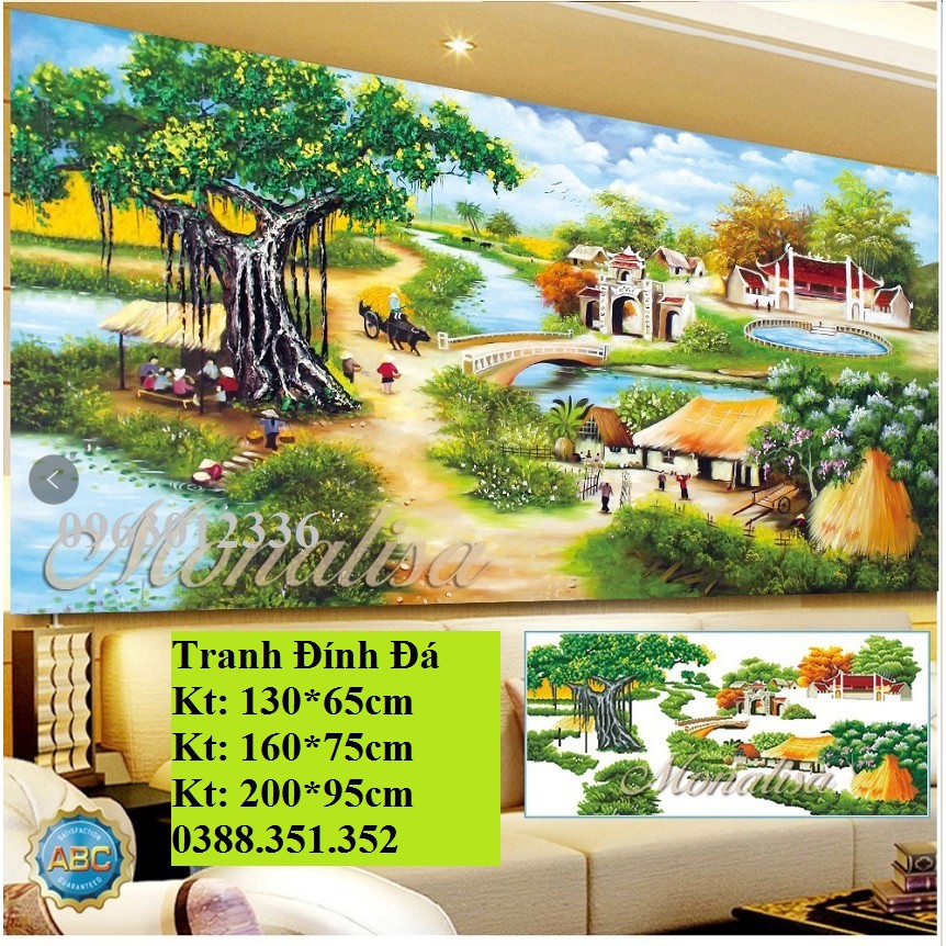 Tranh gắn đá phong cảnh cây đa giếng nước 200*95cm