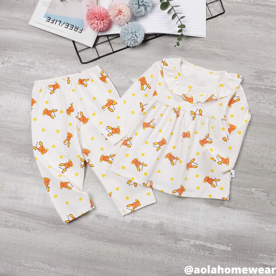 Bộ dài tay bé gái thun cotton mặc ngủ áo babydoll, pijama bé gái cổ bèo họa tiết hoa nhí kỳ lân Áo Lá Homewear A001