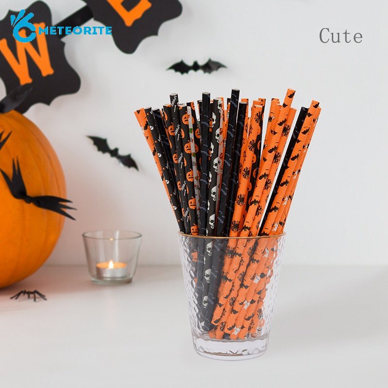 Set 25 Ống Hút Giấy Họa Tiết Halloween Có Thể Phân Hủy Sinh Học An Toàn