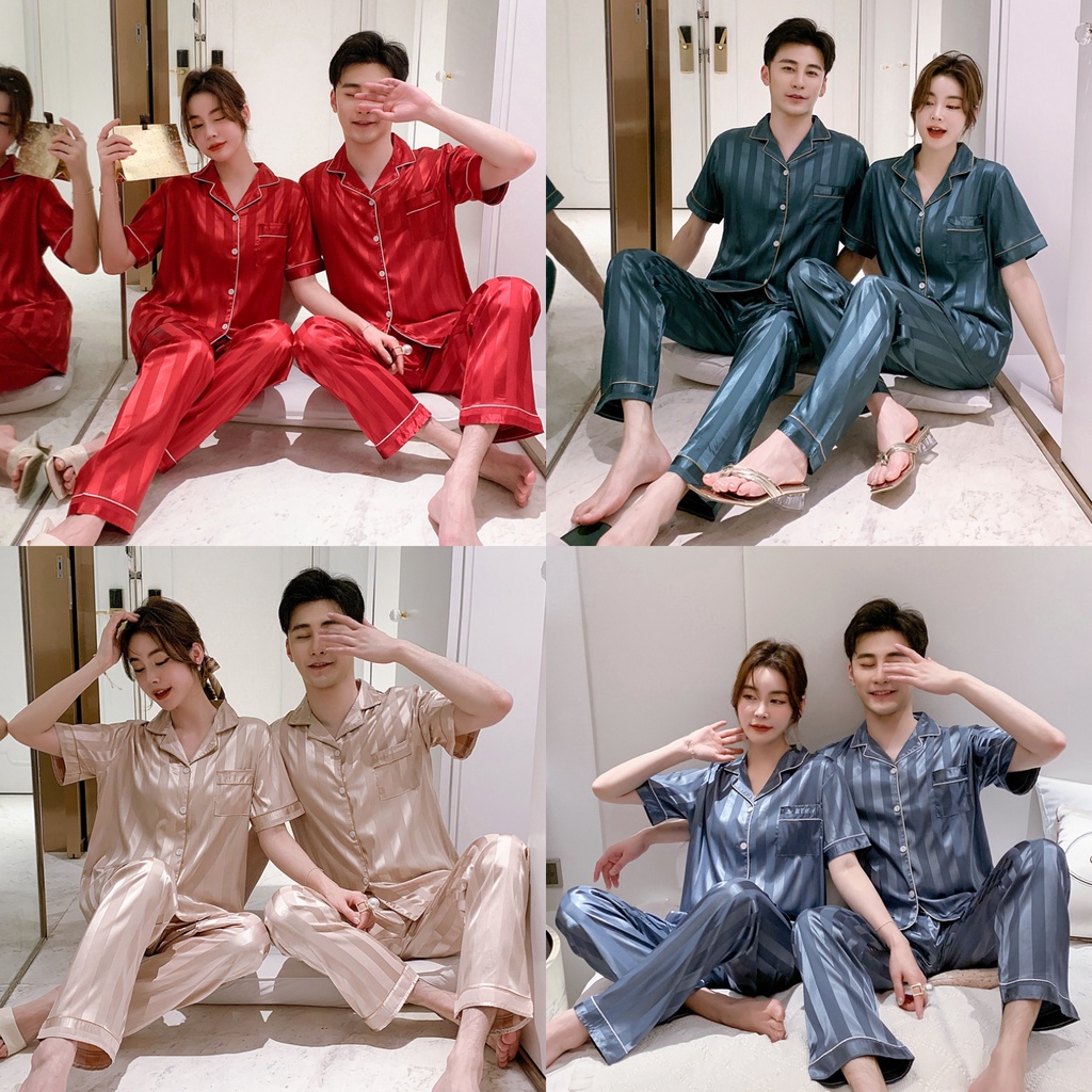 Bộ đồ ngủ tay ngắn bằng lụa satin màu sắc ngọt ngào thời trang cho cặp đôi 5050
