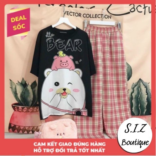 Set Đồ Bộ Nữ Quần Caro Kate Ống Rộng NHIỀU MẪU 05 * Đồ Bộ Hoạt Hình Freesize S.I.Z Fashion | BigBuy360 - bigbuy360.vn