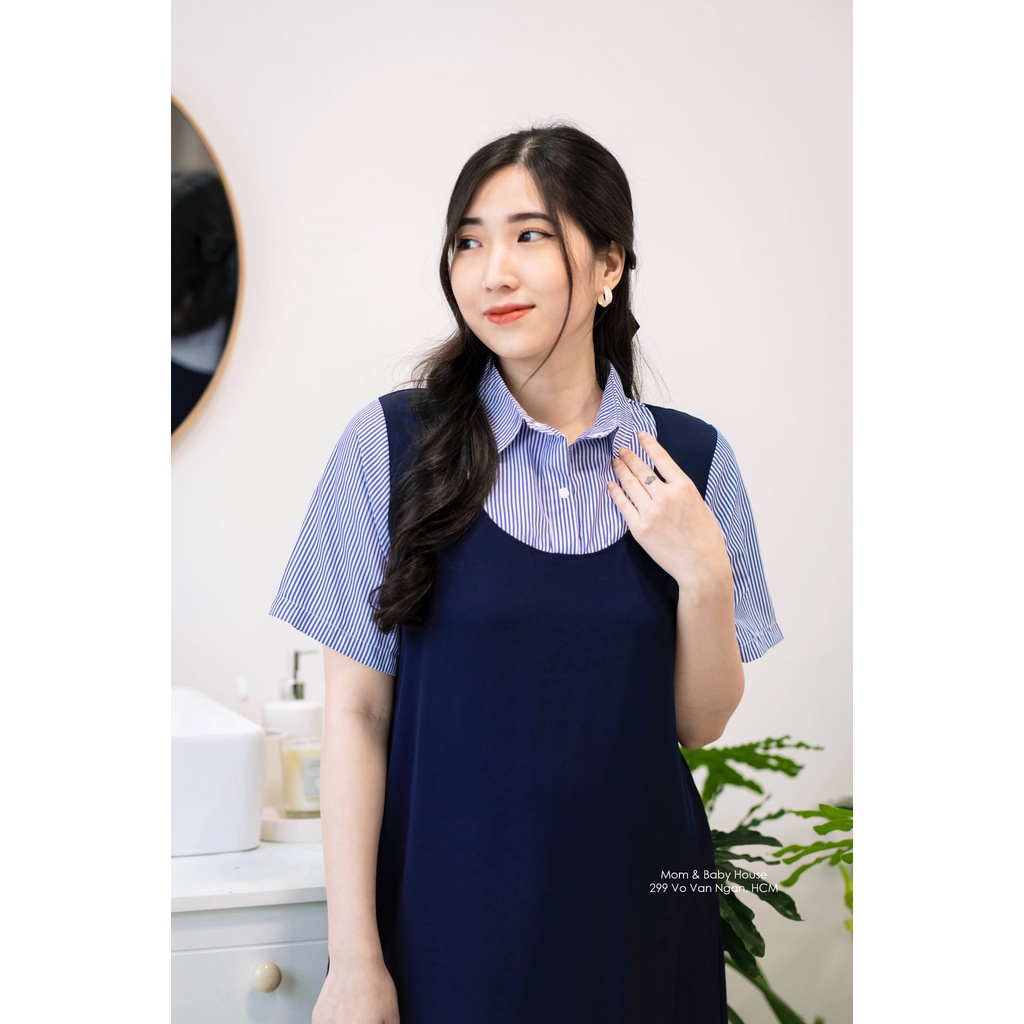Đầm bầu công sở dáng yếm liền phối tay sọc xanh cổ sơ mi