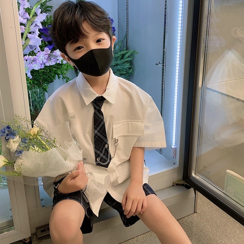 Bộ Áo Sơ Mi + Quần Short Cotton Thoáng Khí Phong Cách Hàn Quốc Thời Trang Mùa Hè Mới Cho Bé Trai 0804