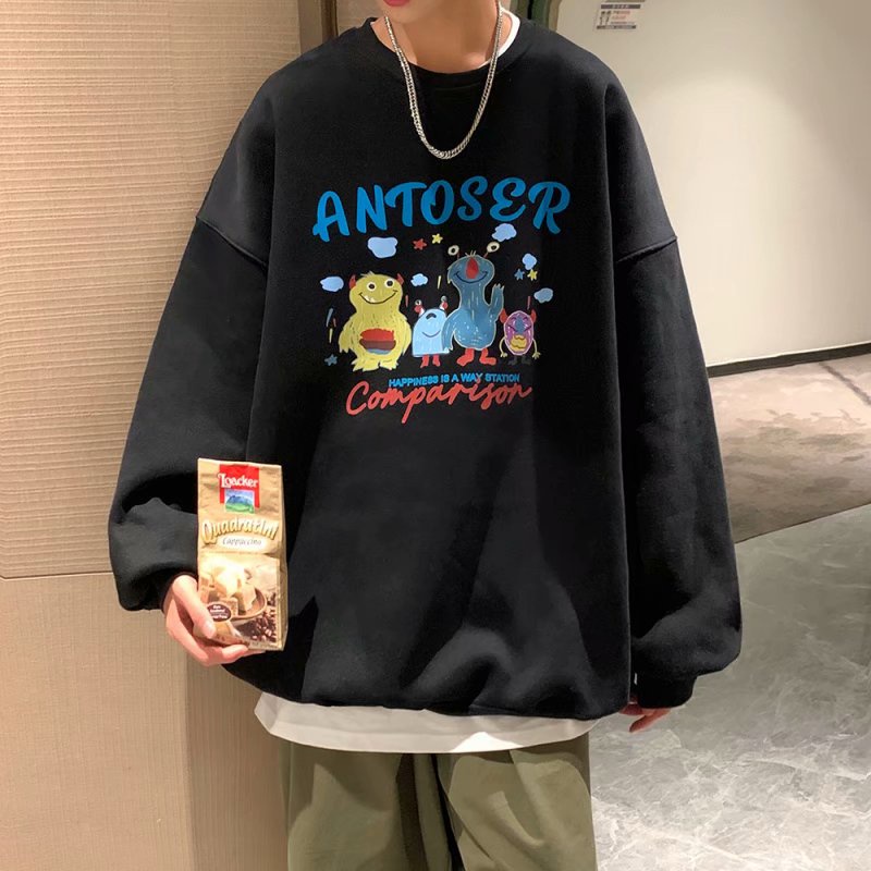 Áo sweater thể thao tay dài cổ tròn dáng rộng họa tiết hoạt hình phong cách đường phố hong kong cho nam