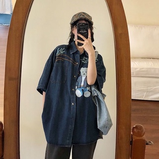 Áo sơ mi denim thêu gấu