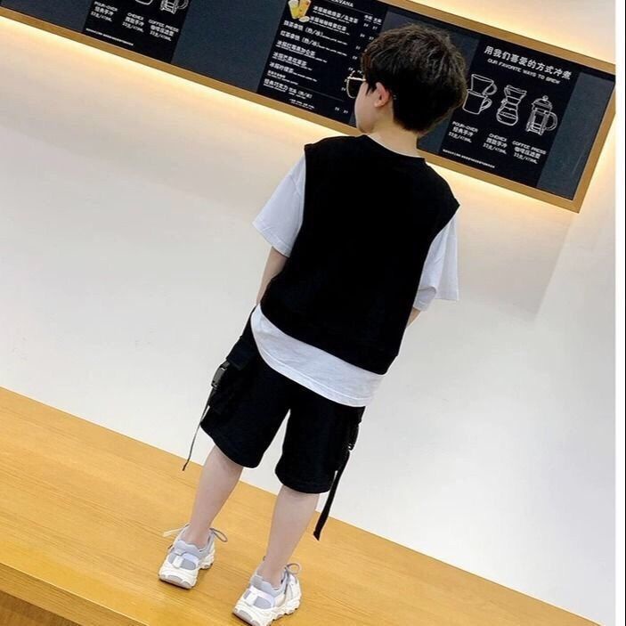 【110-160】Set Áo Thun Tay Ngắn Và Quần Short Phong Cách Năng Động Cho Bé Trai