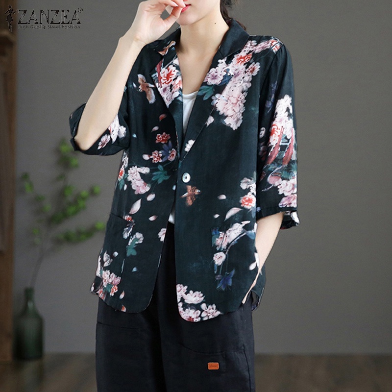 ZANZEA Women Vintage Turn-Down-Collar Front Pockets 3/4Sleeve Printed Suits | BigBuy360 - bigbuy360.vn