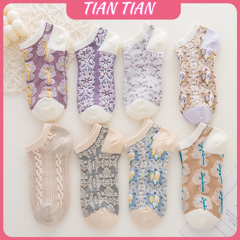 TIAN TIAN T156 Vớ Thuyền Cotton Thêu Nổi Ba Chiều Cổ Điển Phong Cách Hoàng Gia Nhật Bản Dễ Thương Thời Trang Xuân Hè Cho Nữ Dễ Phối Đồ