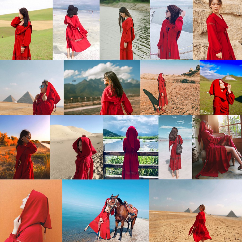 Váy maxi màu đỏ dáng dài xẻ tà đùi có mũ - MS105