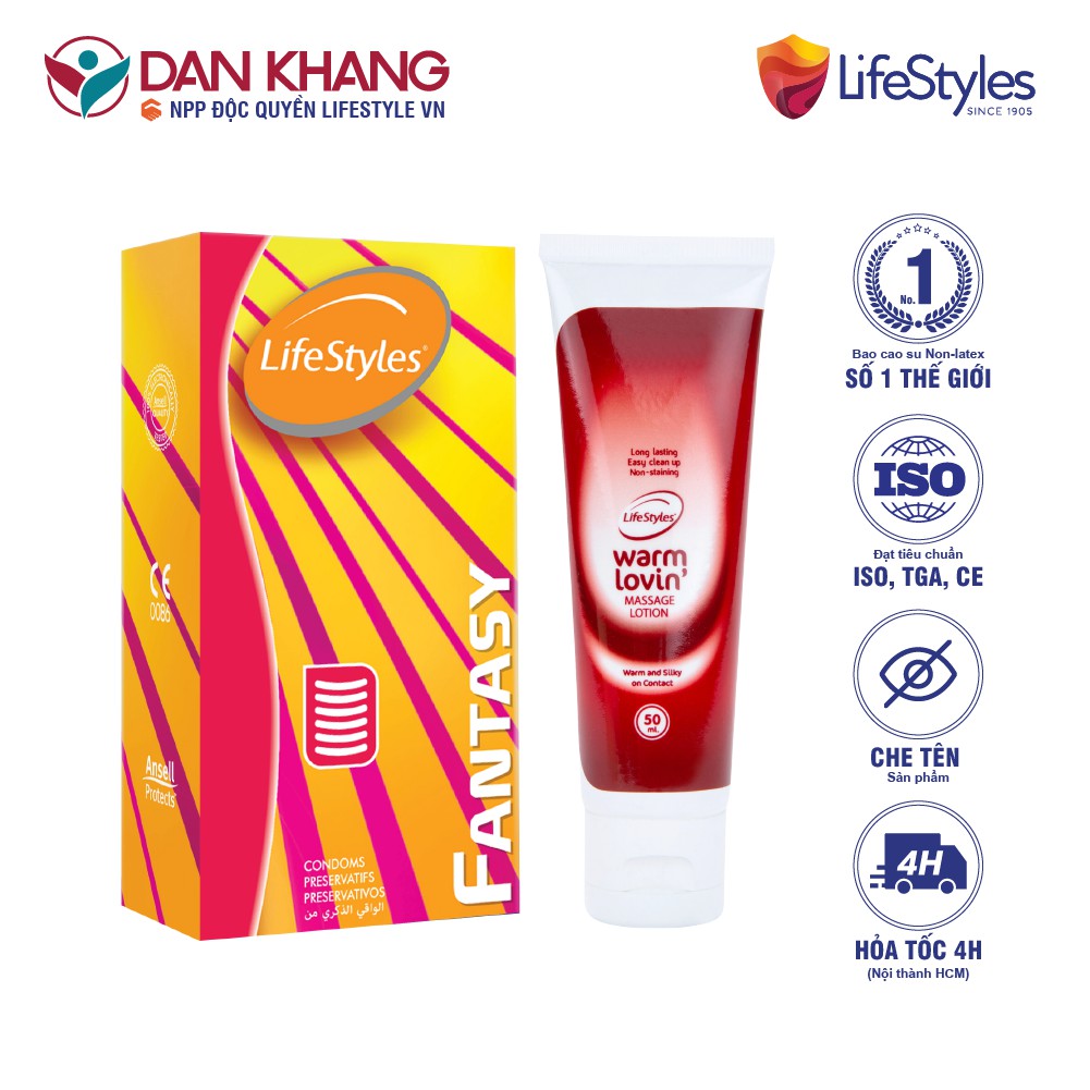 Combo Bao Cao Su LifeStyles Fantasy Có Gân Ngang Ôm Sát Cao Cấp Hộp 12 bao + Gel Bôi Trơn LifeStyles Warm Lovin' 50ml