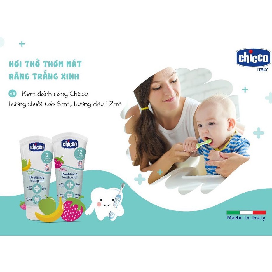 Kem đánh răng Chicco cho bé 6M+ và 12M+ (HƯƠNG CHUỐI TÁO VÀ HƯƠNG DÂU ĐỀU NUỐT ĐƯỢC)