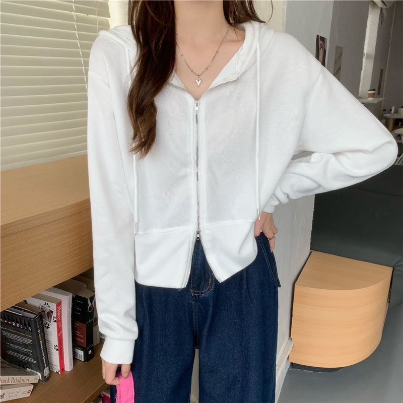 Áo Khoác Cardigan Cotton Màu Trơn Tay Dài Dáng Rộng Cổ polo Có Khóa Kéo Phong Cách Hàn Quốc Thời Trang Thu Đông Mới Cho Nữ