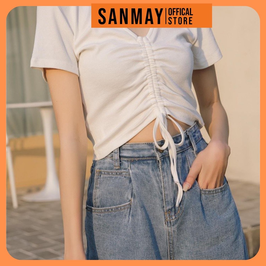 Áo Croptop Rút Dây Tay ngắn SANJOLI chất thun gân co giãn rút ngực buộc nơ cá tính ôm sexy cổ tim màu đen trắng AO002