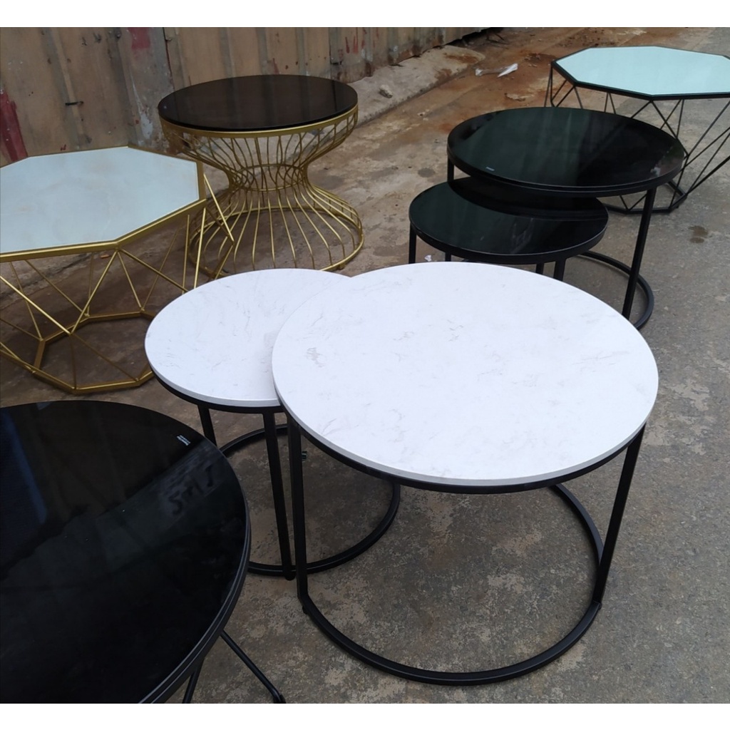 Bộ 2 bàn trà, Sofa mặt đá trắng vân mây khung sắt sơn tĩnh điện