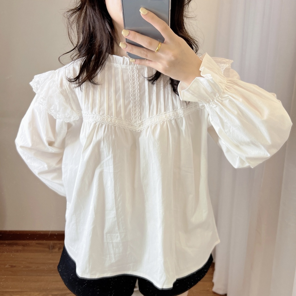 Áo baby doll cánh tiên dài tay, cổ bèo xếp ly ngực