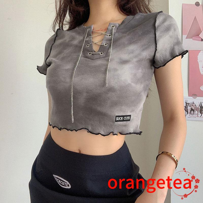  Áo croptop tay ngắn thiết kế cột dây kiểu sợi xích thời trang quyến rũ cho nữ