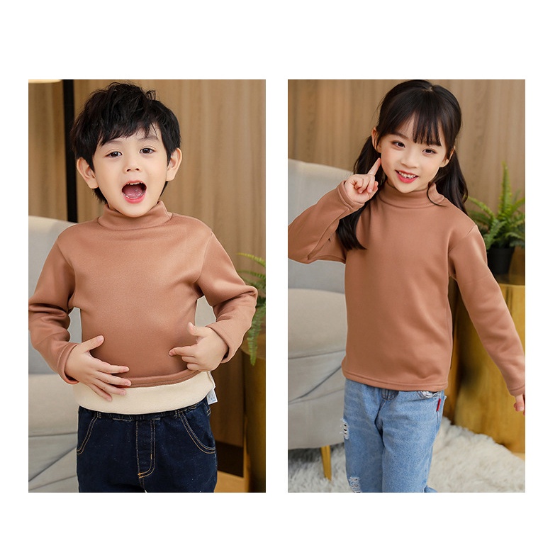 Áo thun tay dài cổ tròn lót nhung màu trơn giữ ấm thời trang thu đông cho bé 90-150CM