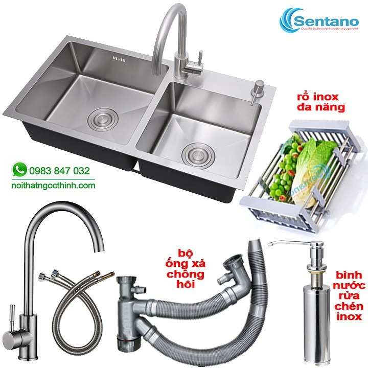 [MÃ SALE 5%]Chậu rửa chén đúc liền khối SENTANO 82x45cm 2 hộc lệch inox sus304 GIÁ RẺ - Bồn rửa chén 2 ngăn